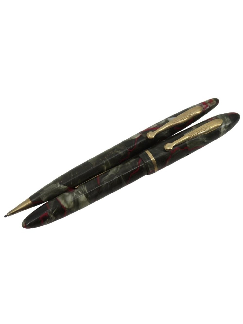 VTG Sheaffer Balance Fountain Pen Mechanical Pencil Red Gray Marble USA Engraved